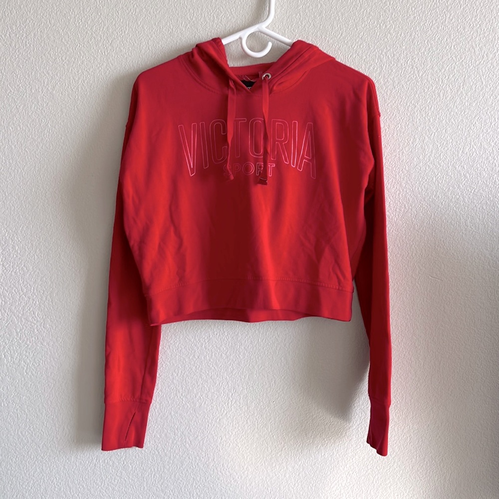 Victoria Sport Womens Red Cropped Hoodie Sweatshirt Thumbholes Size Small